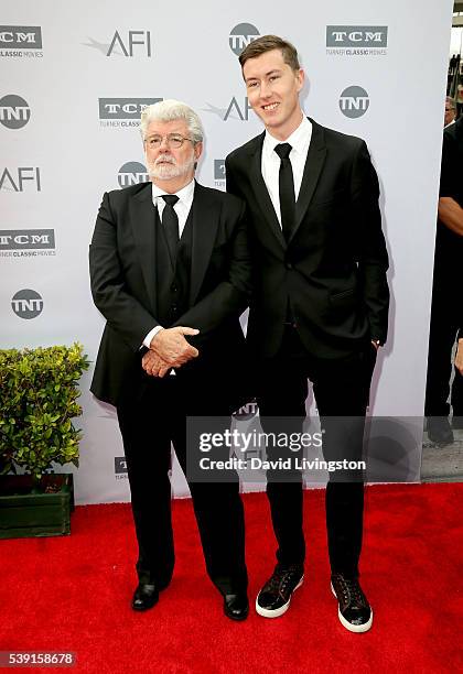 Filmmaker George Lucas and Jett Lucas attend American Film Institute's 44th Life Achievement Award Gala Tribute to John Williams at Dolby Theatre on...