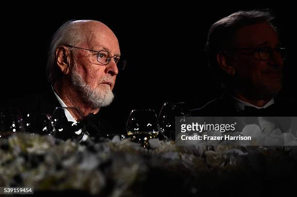 Honoree John Williams poses in the audience with director Steven Spielberg during American Film Institutes 44th Life Achievement Award Gala Tribute...