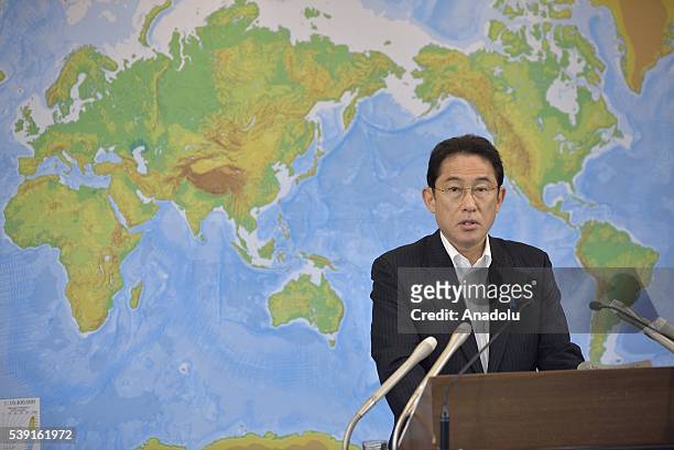 Minister of Foreign Affairs Fumio Kishida addresses to journalists during a press conference on June 10, 2016 in Tokyo, Japan after Chinese warship...