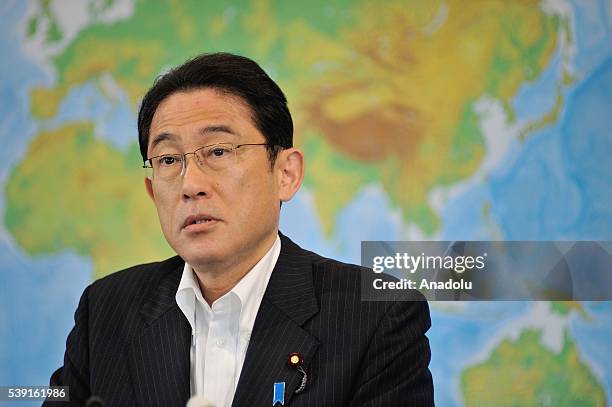 Minister of Foreign Affairs Fumio Kishida addresses to journalists during a press conference on June 10, 2016 in Tokyo, Japan after Chinese warship...