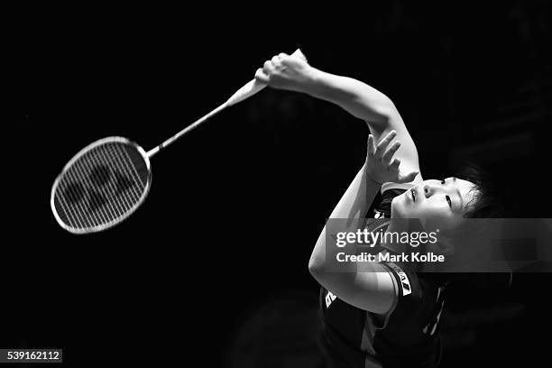 Akane Yamaguchi of Japan plays a shot as she competes in 2016 Australian Badminton Open quarterfinal match against Sun Yu of China at Sydney Olympic...