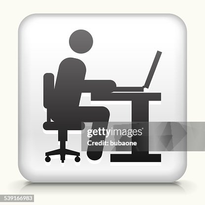 Square Button with Man Working on Computer Square Button with Man Working on Computer