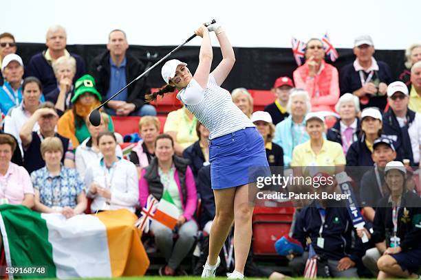 Olivia Mehaffey of Great Britain & Ireland tees off on the first hole of the Morning Foursomes on June 10, 2016 in Enniskerry, Ireland.