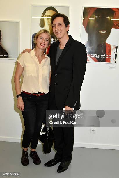 Karine Viard and Stephane Foenkinos attend "55 Politiques" : Exhibition Preview at Galerie Dupin on June 9, 2016 in Paris, France.