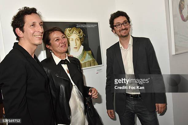 Stephane Foenkinos, Regine Hatchondo from Ministere de la Culture and David Foenkinos attend "55 Politiques" : Exhibition Preview at Galerie Dupin on...