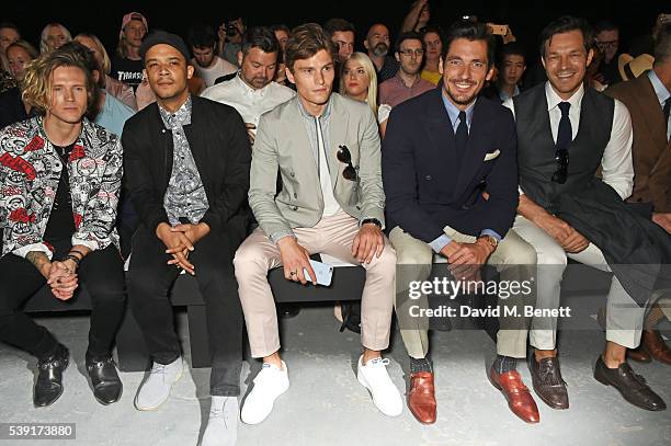 Dougie Poynter, Raleigh Ritchie, Oliver Cheshire, David Gandy and Paul Sculfor attend the TOPMAN Design show during The London Collections Men SS17...