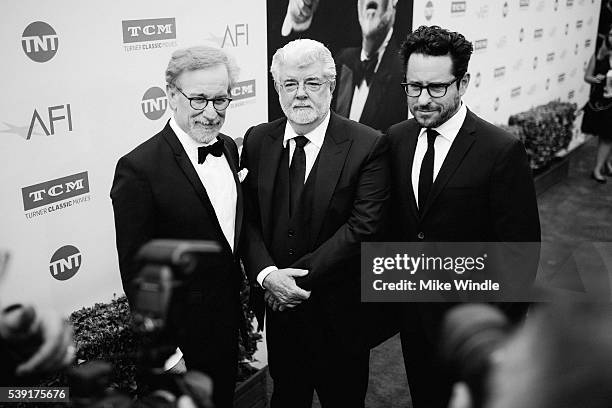 Directors Steven Spielberg, George Lucas and J.J. Abrams arrive at American Film Institute's 44th Life Achievement Award Gala Tribute to John...