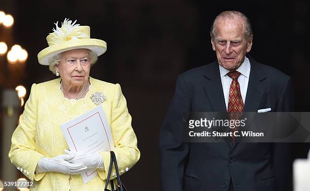 Queen Elizabeth II and Prince Phillip, Duke of Edinburgh attend a National Service of Thanksgiving as part of the 90th birthday celebrations for The...