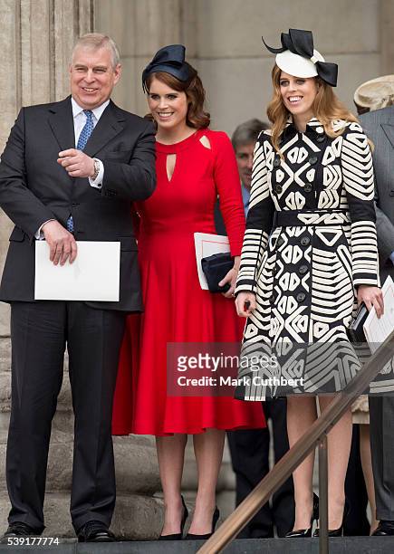 Prince Andrew, Duke of York with Princess Beatrice and Princess Eugenie attend a National Service of Thanksgiving as part of the 90th birthday...