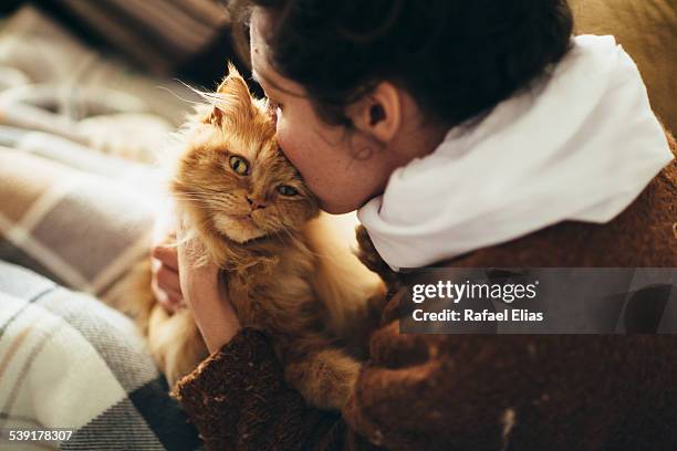 woman kissing cat - people kissing stock-fotos und bilder