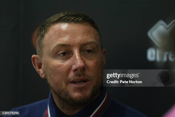 Northampton Town new Player-Goalkeeper coach Paddy Kenny looks on during a photo call at Sixfields Stadium on June 10, 2016 in Northampton, England.