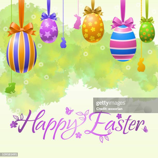 hanging easter egg decorations background - painted easter eggs stock illustrations