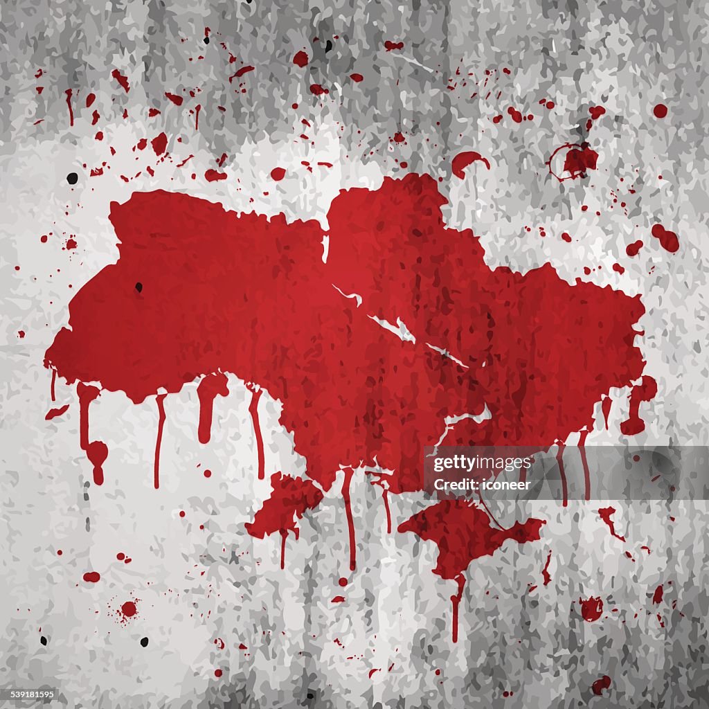 Ukraine map graffiti red splats on wall