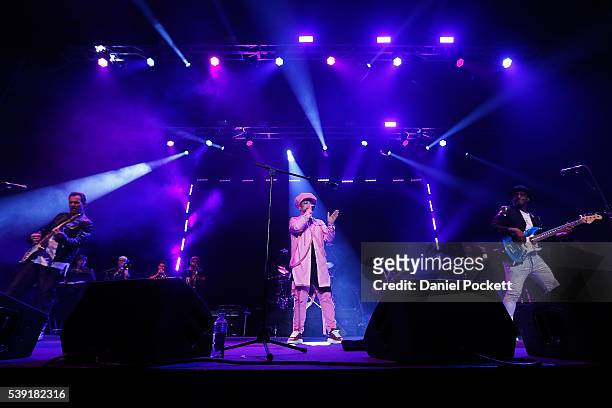Singer Boy George , Guitarist Roy Hay and Bassist Mikey Craig of the group Culture Club perform at Rod Laver Arena on June 10, 2016 in Melbourne,...