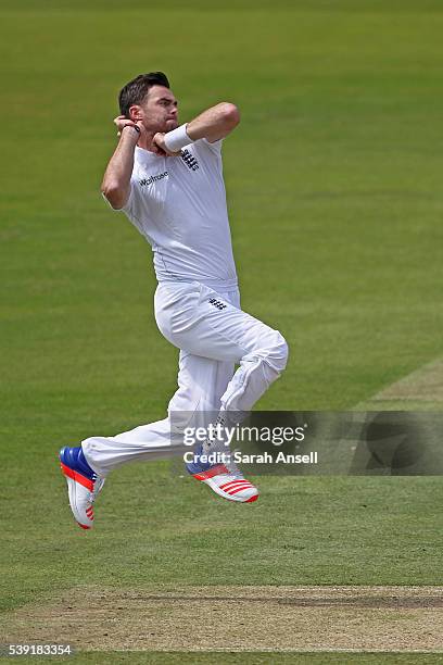 James Anderson of England bowls during day two of the 3rd Investec Test match between England and Sri Lanka at Lord's Cricket Ground on June 10, 2016...