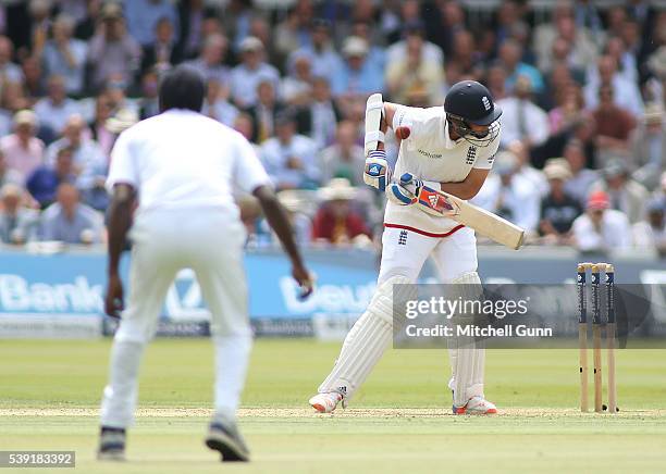 Stuart Broad of England gets hit during day two of the 3rd Investec Test match between England and Sri Lanka at Lords Cricket Ground on June 10, 2016...