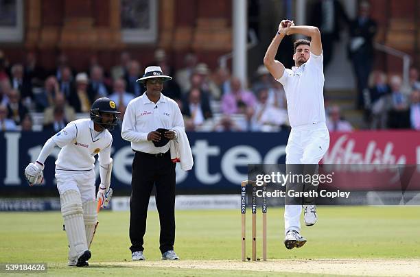 Steven Finn of England bowls during day two of the 3rd Investec Test match between England and Sri Lanka at Lord's Cricket Ground on June 10, 2016 in...