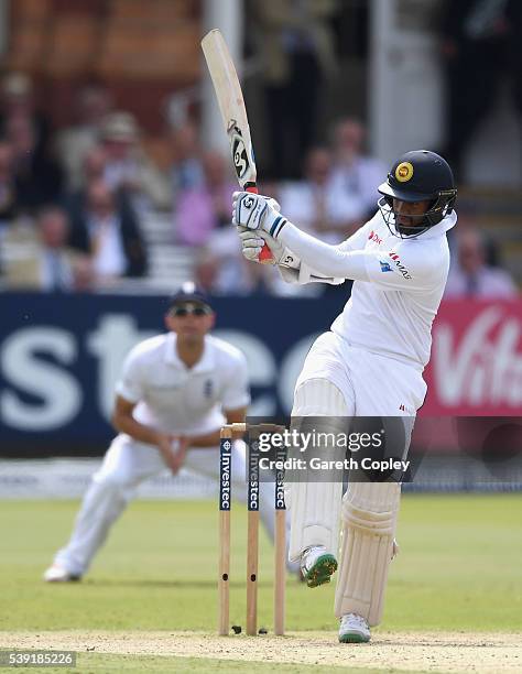 Dimuth Karunaratne of Sri Lanka bats during day two of the 3rd Investec Test match between England and Sri Lanka at Lord's Cricket Ground on June 10,...