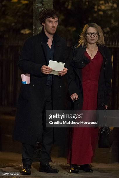 Benedict Cumberbatch spotted with an actor believed to be Sian Brooke during filming for the fourth series of BBC show Sherlock on Charles Street on...