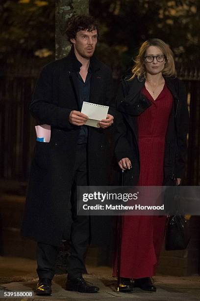 Benedict Cumberbatch spotted with an actor believed to be Sian Brooke during filming for the fourth series of BBC show Sherlock on Charles Street on...