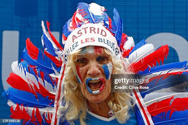 French supporter enjoys the atmosphere prior to the stadium prior to kickoff during the UEFA Euro 2016 Group A match between France and Romania at...
