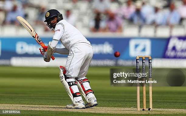 Kaushal Silva of Sri Lanka edges the ball towards the boundary during day two of the 3rd Investec Test match between England and Sri Lanka at Lord's...