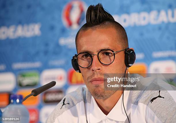 In this handout image provided by UEFA, Marek Hamsik of Slovakia attends the press conference at stadium de Bordeaux on June 10, 2016 in Bordeaux,...