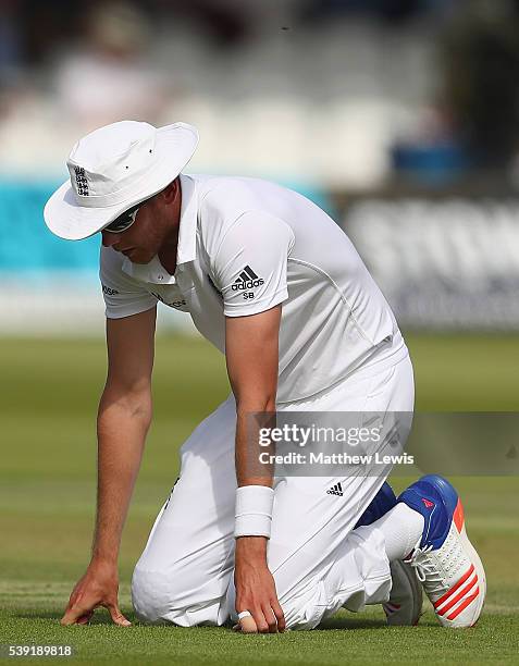 Stuart Broad of England looks on, after a slight injury in the out field during day two of the 3rd Investec Test match between England and Sri Lanka...