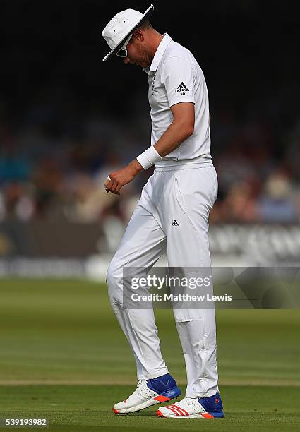 Stuart Broad of England looks on, after a slight injury in the out field during day two of the 3rd Investec Test match between England and Sri Lanka...