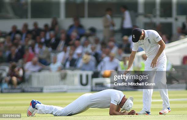 Stuart Broad of England lays on the ground after falling down during day two of the 3rd Investec Test match between England and Sri Lanka at Lords...