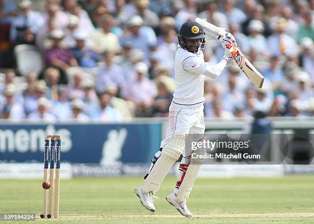 Kaushal Silva of Sri Lanka hits the ball for four runs during day two of the 3rd Investec Test match between England and Sri Lanka at Lords Cricket...