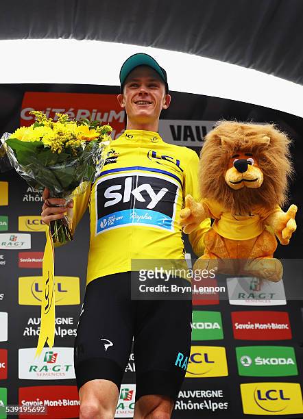 Chris Froome of Great Britain and Team SKY took the race leader yellow jersey after winning stage five of the 2016 Criterium du Dauphine a 140km...