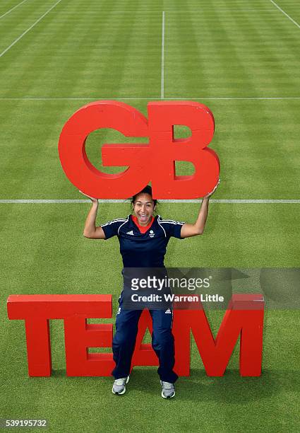 Heather Watson of Great Britain poses for a picture after an announcement of tennis athletes named in Team GB for the Rio 2016 Olympic Games at The...