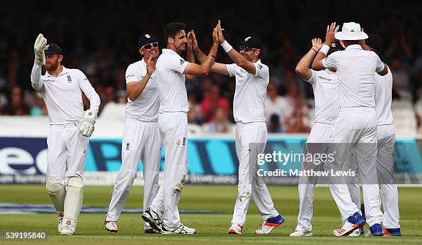 Steven Finn of England is congratulated on the wicket of Dimuth Karunaratne of Sri Lanka, after he was caught by Jonny Bairstow during day two of the...