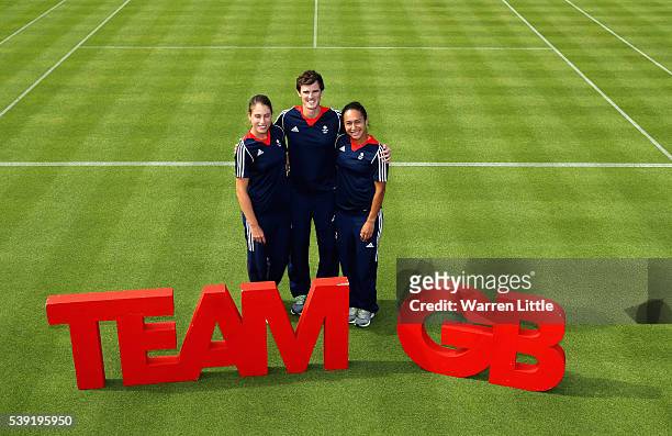 Johanna Konta, Jamie Murray and Heather Watson of Great Britain poses for a picture after an announcement of tennis athletes named in Team GB for the...