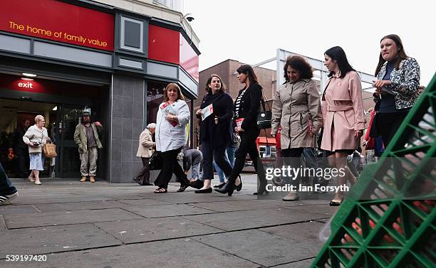 Labour's Shadow Cabinet Minister Gloria de Piero walks through the streets on her way to meet with a group of women voters to talk about the...