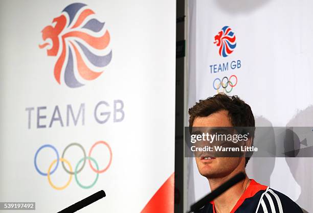 Jamie Murray of Great Britain speaks to the media during an announcement of tennis athletes named in Team GB for the Rio 2016 Olympic Games at The...