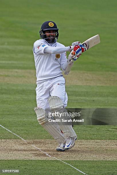Kaushal Silva of Sri Lanka hits out during day two of the 3rd Investec Test match between England and Sri Lanka at Lord's Cricket Ground on June 10,...