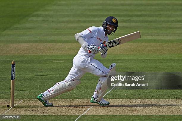 Dimuth Karunaratne of Sri Lanka bats during day two of the 3rd Investec Test match between England and Sri Lanka at Lord's Cricket Ground on June 10,...