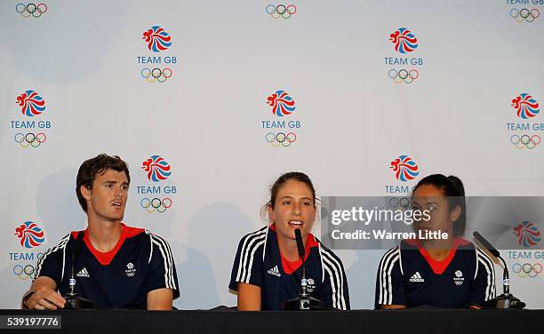 Jamie Murray, Johanna Konta and Heather Watson of Great Britain speaks to the media during an announcement of tennis athletes named in Team GB for...