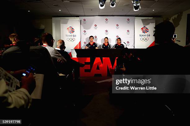 Jamie Murray, Johanna Konta and Heather Watson of Great Britain speaks to the media during an announcement of tennis athletes named in Team GB for...