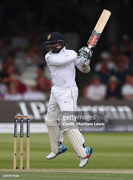 Kusal Mendis of Sri Lanka hits the ball towards the boundary during day two of the 3rd Investec Test match between England and Sri Lanka at Lord's...