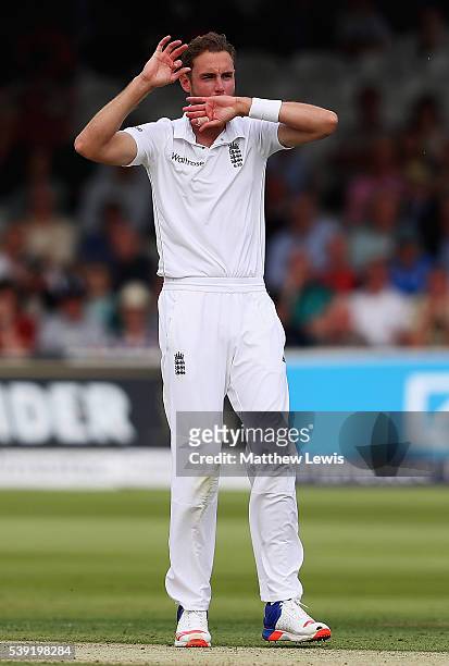 Stuart Broad of England looks on, after a chance goes missing during day two of the 3rd Investec Test match between England and Sri Lanka at Lord's...