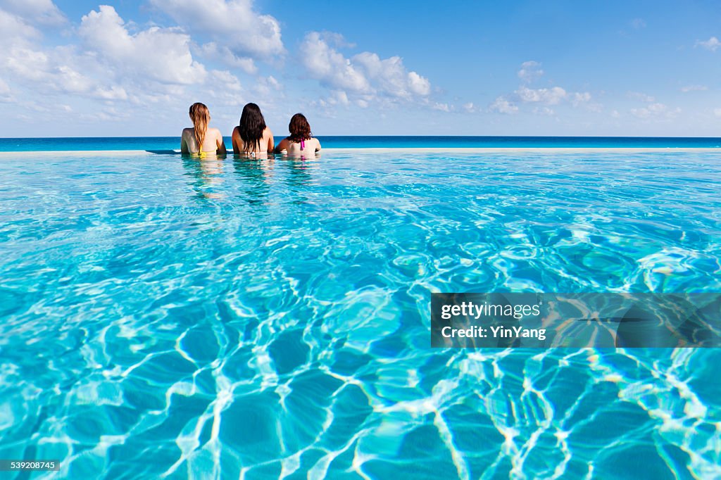 Young Women Enjoying Infinite Pool of Tropical Paradise