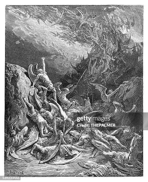 der fallen der rebellen-engel gravur 1885 - fegefeuer stock-grafiken, -clipart, -cartoons und -symbole
