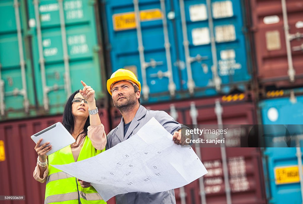 Commercial docks worker and inspector at work
