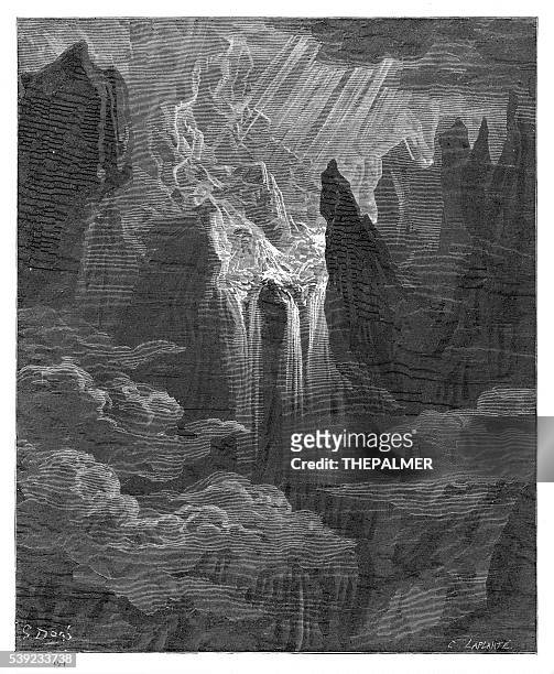 ilustrações, clipart, desenhos animados e ícones de água caindo paraíso perdido gravura de 1885 - dante inferno
