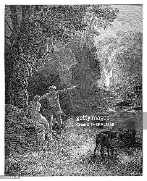 adam und eva paradise gravur - adam bibelfigur stock-grafiken, -clipart, -cartoons und -symbole