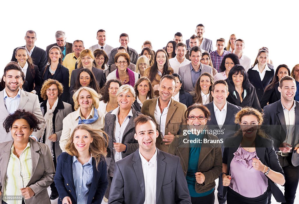 Large group of happy business people running together.