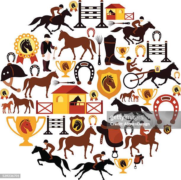 ilustrações, clipart, desenhos animados e ícones de colagem de corrida de cavalos - corrida de cavalos evento equestre